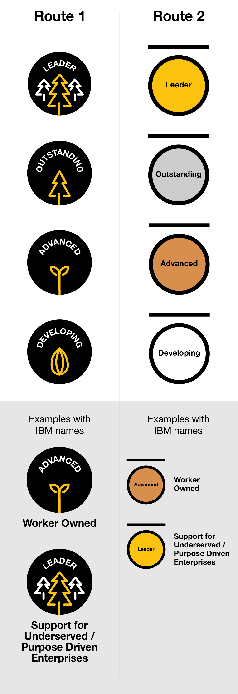 Route 1: 4 circular badges. The first with the word “Developing”, accompanied by a visual of a seed. The second with the word “Advanced”, accompanied by a visual of a sapling. The third with the word “Outstanding”, accompanied by a visual of a tree. The fourth with the word “Leader”, accompanied by a visual of a forest. The IBM names would sit below the badge.
Route 2: 4 medals. The first has no fill color, with the word “Developing” on the medal. The second has a bronze color, with the word “Advanced” on the medal. The third has a silver color, with the word “Outstanding” on the medal. The fourth has a gold color, with the word “Leader” on the medal. The IBM names would sit to the right of the medal.